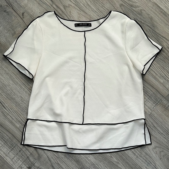Zara Basic White Blouse w/Black Outline Sz L - Picture 1 of 9